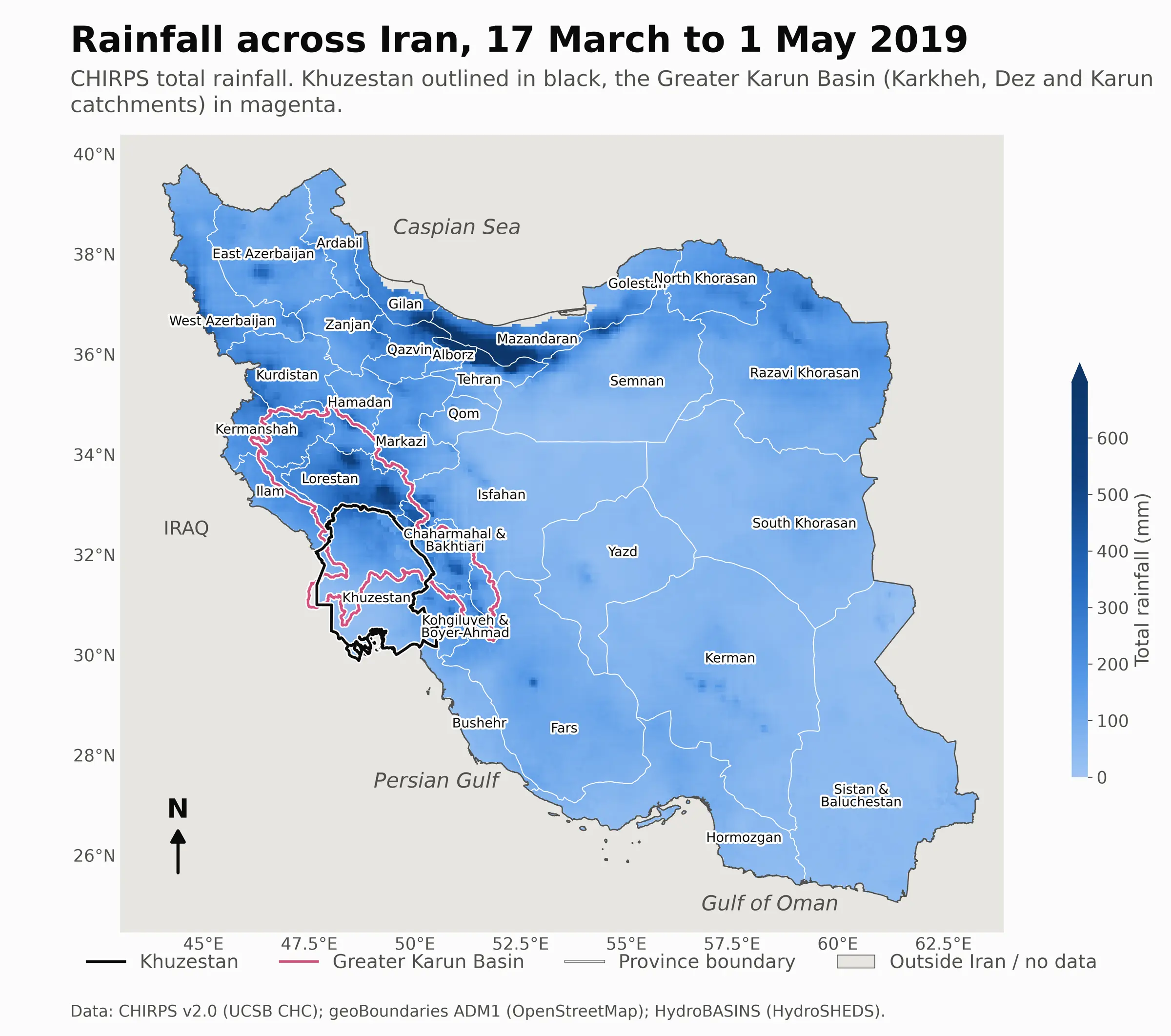 rain across Iran from 17 March to 1 May 2019 with the province and basin outlines, drawn from CHIRPS
