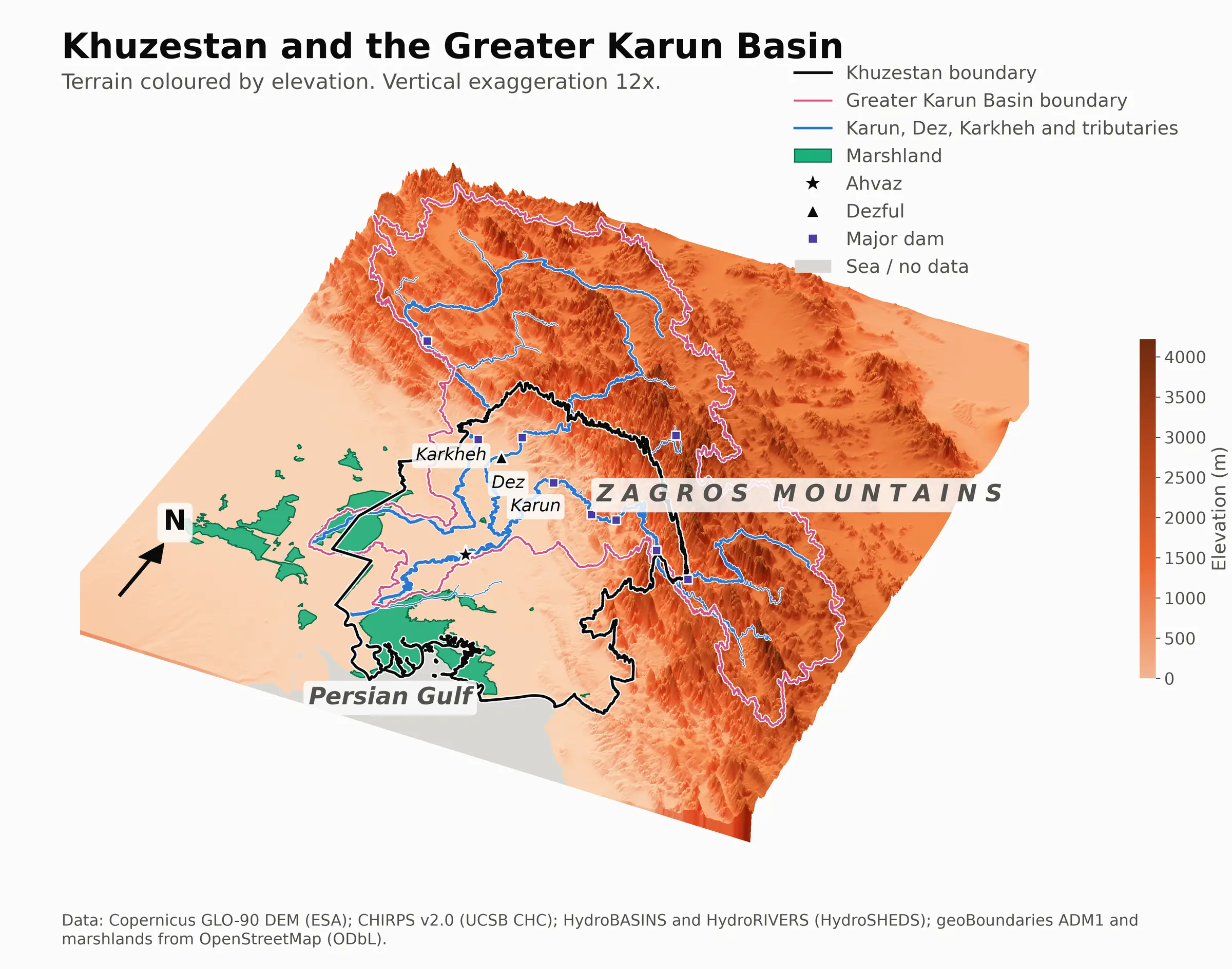 the terrain of Khuzestan and the Greater Karun Basin with its rivers, marshes, dams and two cities, drawn from GLO-90